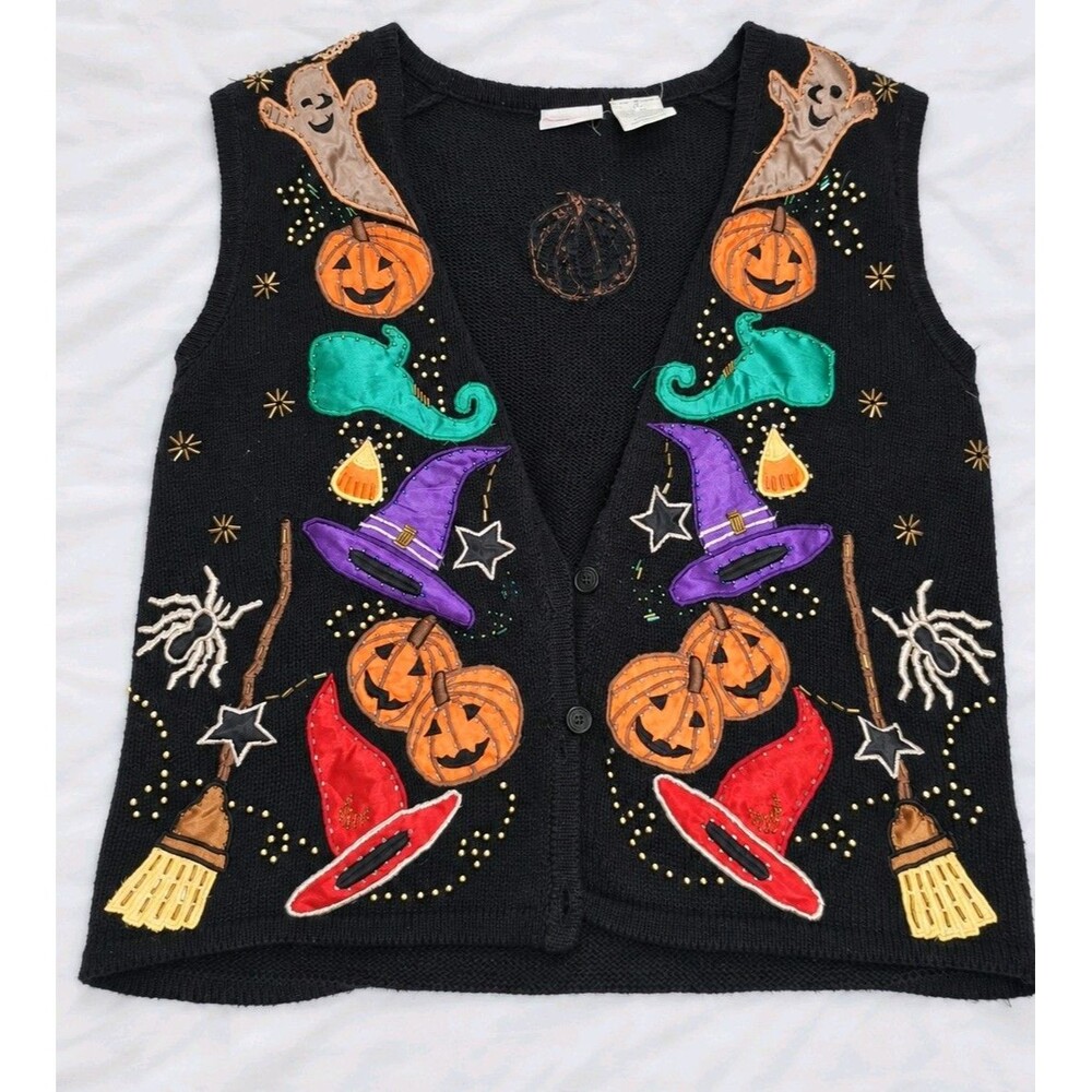 Bobbie Brooks Halloween Pumpkin Ghost Witch Appliqué Sweater Vest Medium
